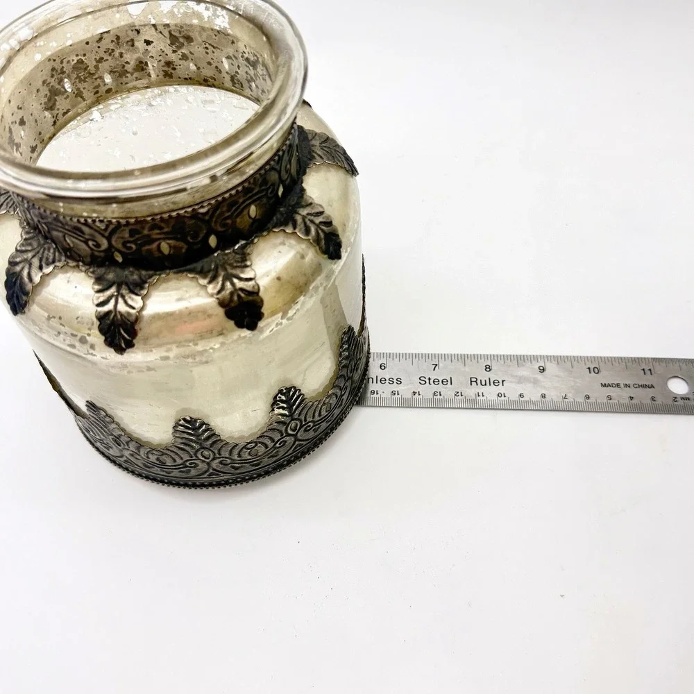 Pottery Barn Decor Mercury Glass Silver-Tone Metal Filigree Hurricane Vase 6.5